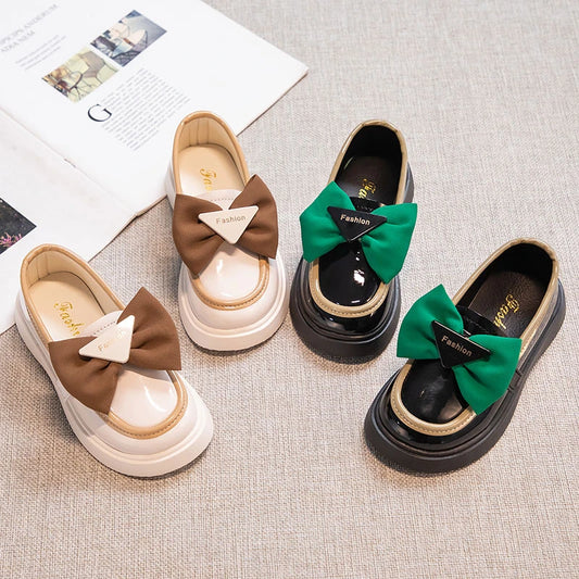 New Kids Girls' Fashion Simple British Style Bow Soft Bottom Casual Leather Shoes