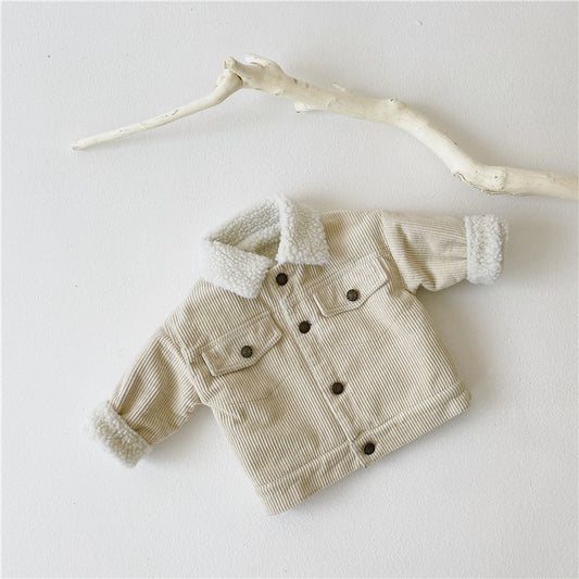 Newborn Kids Plush And Thickened Lamb Coat Corduroy Jacket 0-3 years for boys and girls.