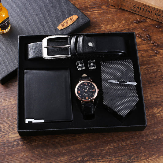 Boutique Gift Set Belt Wallet Tie Large Dial Quartz Watch Cufflinks