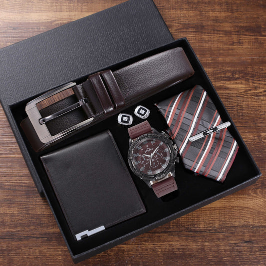Boutique Gift Set Belt Wallet Tie Large Dial Quartz Watch Cufflinks