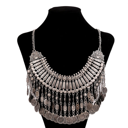 Boho Long Maxi Coin Necklace Women Vintage Ethnic Statement Big Collar Tassel Choker Necklace Femme Silvery Gypsy Jewellery