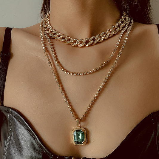 Hip Hop Full Diamond Cuban Chain Necklace Female Jewelry Diamond Chain Green Collarbone Necklacegifts for Women