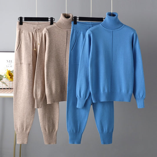 Women's Casual Fashion Set autumn And Winter Cross-border Amazon European And American Turtleneck Solid Color Sweaters Two-piece Set