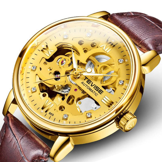 Men Watches Gold  Hollow Skeleton uxurious Watch Men Luminous Mechanical Watches Leather Strap Wristwatches