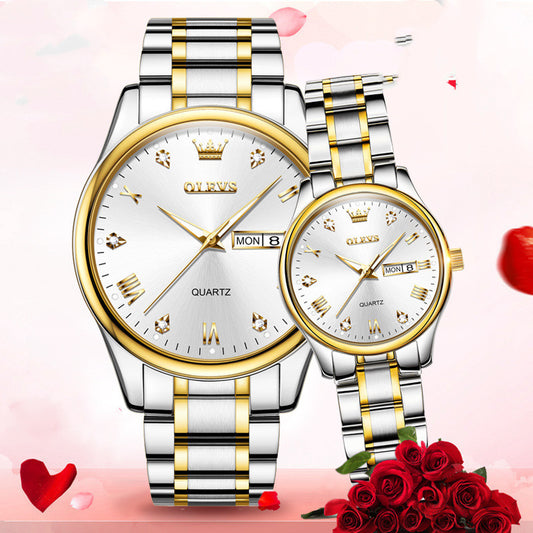 Men's & Women's Gold Quartz Diamond Waterproof Luminous Pair Watch
