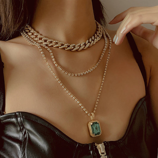Hip Hop Full Diamond Cuban Chain Necklace Female Jewelry Diamond Chain Green Collarbone Necklacegifts for Women
