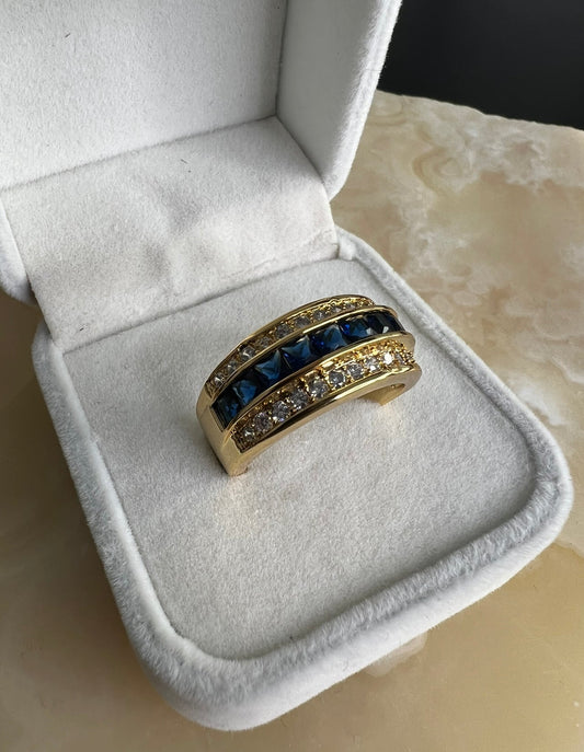 Vintage Jewellery Gold Ring Blue & White Sapphires Art Deco Design size 10 or T 1/2