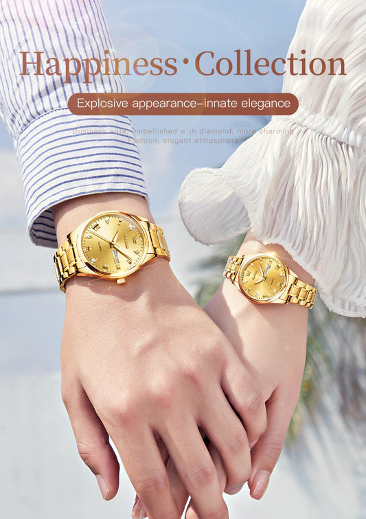 Men's & Women's Gold Quartz Diamond Waterproof Luminous Pair Watch