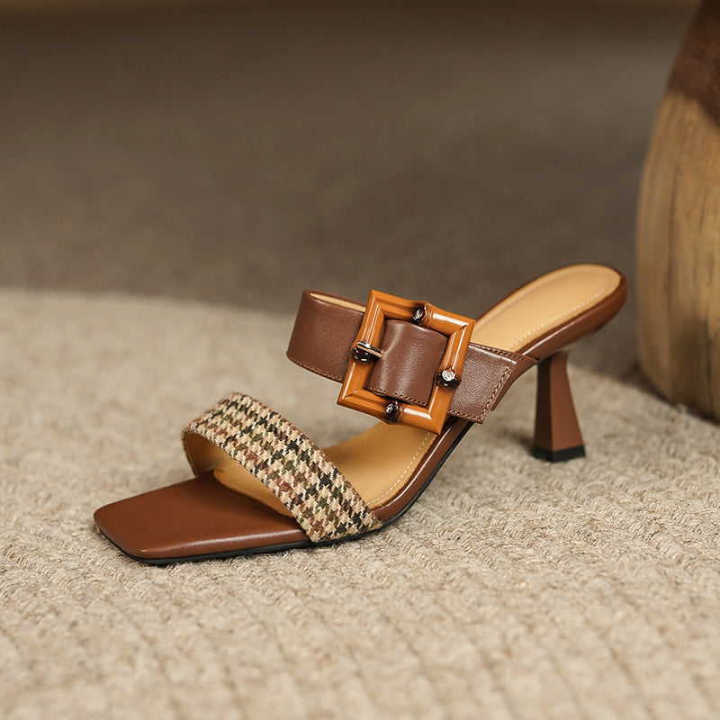 Women's Latest Belt Buckle Plaid Square Slippers With Stiletto Heels