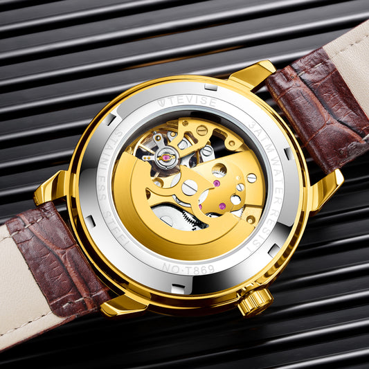 Men Watches Gold  Hollow Skeleton uxurious Watch Men Luminous Mechanical Watches Leather Strap Wristwatches