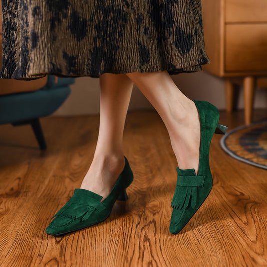 Simple Small Square Toe Tassel Retro Chunky Heel Women's Shoes